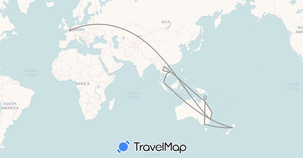TravelMap itinerary: driving, plane in Australia, France, Cambodia, Laos, Malaysia, New Zealand, Singapore, Thailand, Vietnam (Asia, Europe, Oceania)